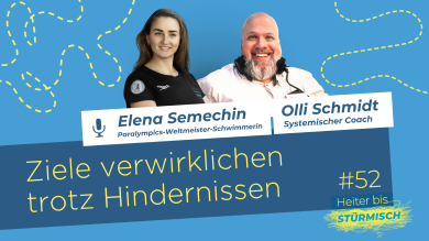 
		zu sehen sind die Schwimmerin Elena Semechin und Podcast-Host Oliver Schmidt
	