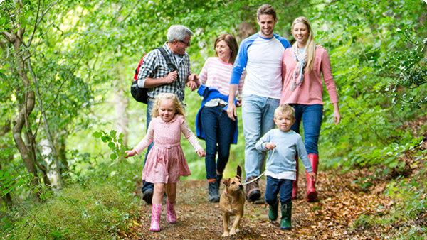 Eine glückliche Großfamilie wandert im Wald