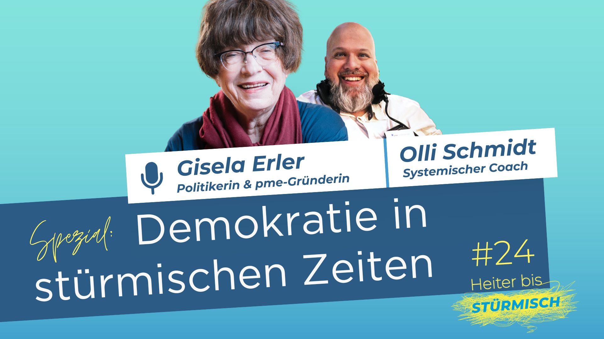 Grafik des Podcast Heiter bis stürmisch mit den Porträts von Oliver Schmidt und Gisela Erler